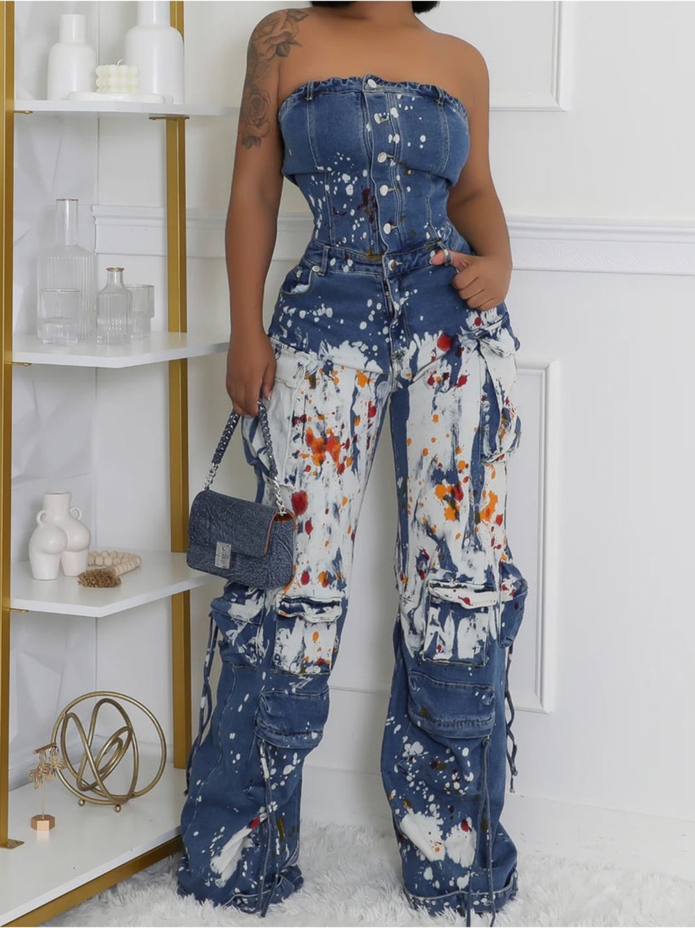 Loragal Paint Splatter Strapless Denim Cargo Jumpsuit – Size Medium